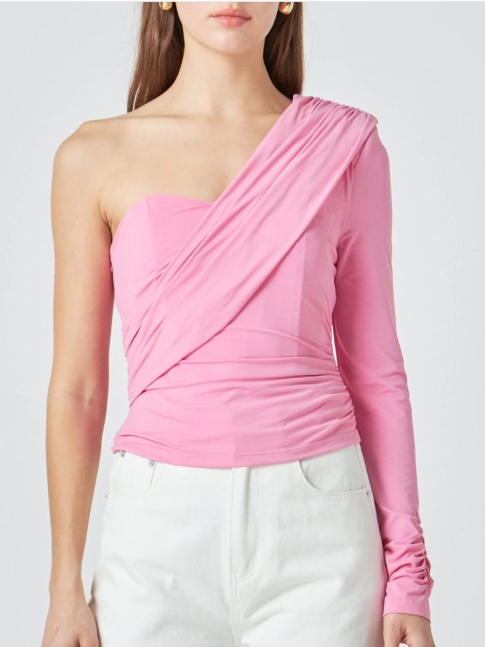 NWT Endless Rose One Shoulder Shirred Knit Top -- pink / S